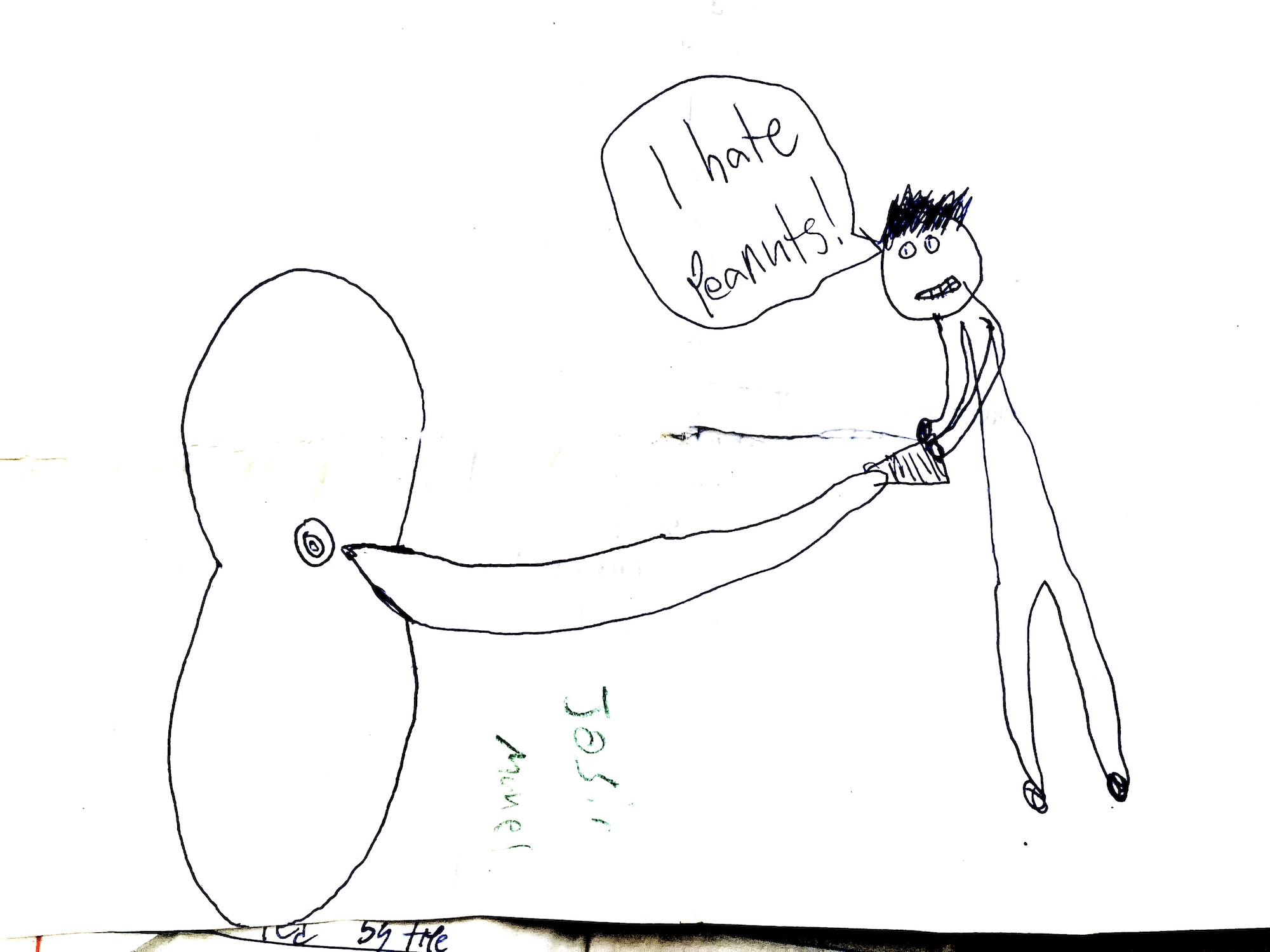 a childish pen drawing shows a child with a quote bubble saying I hate peanuts!