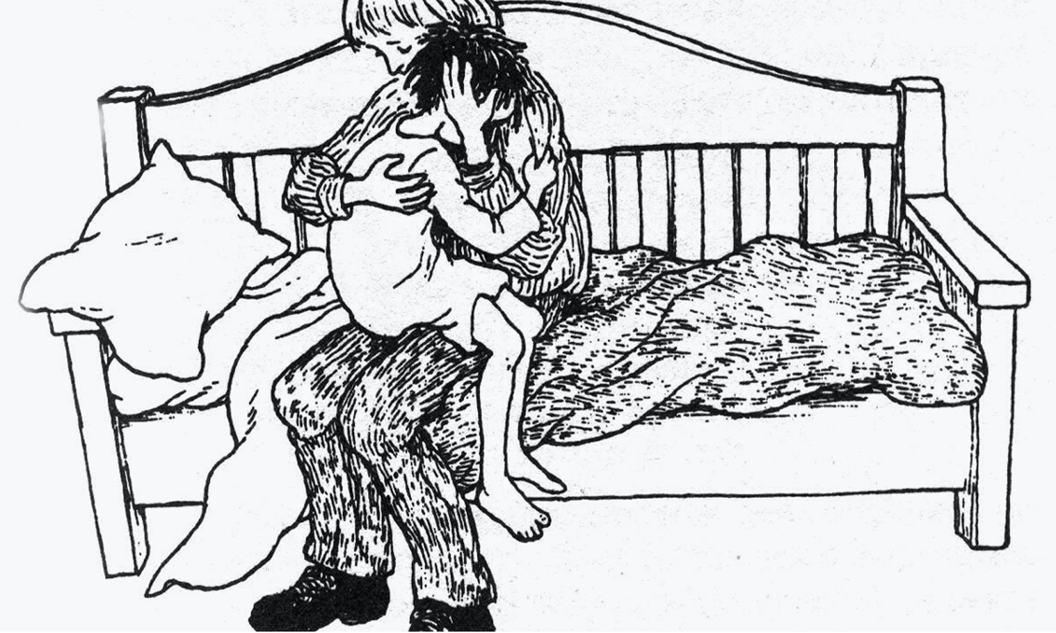 A black and white drawing of a person holding a child.