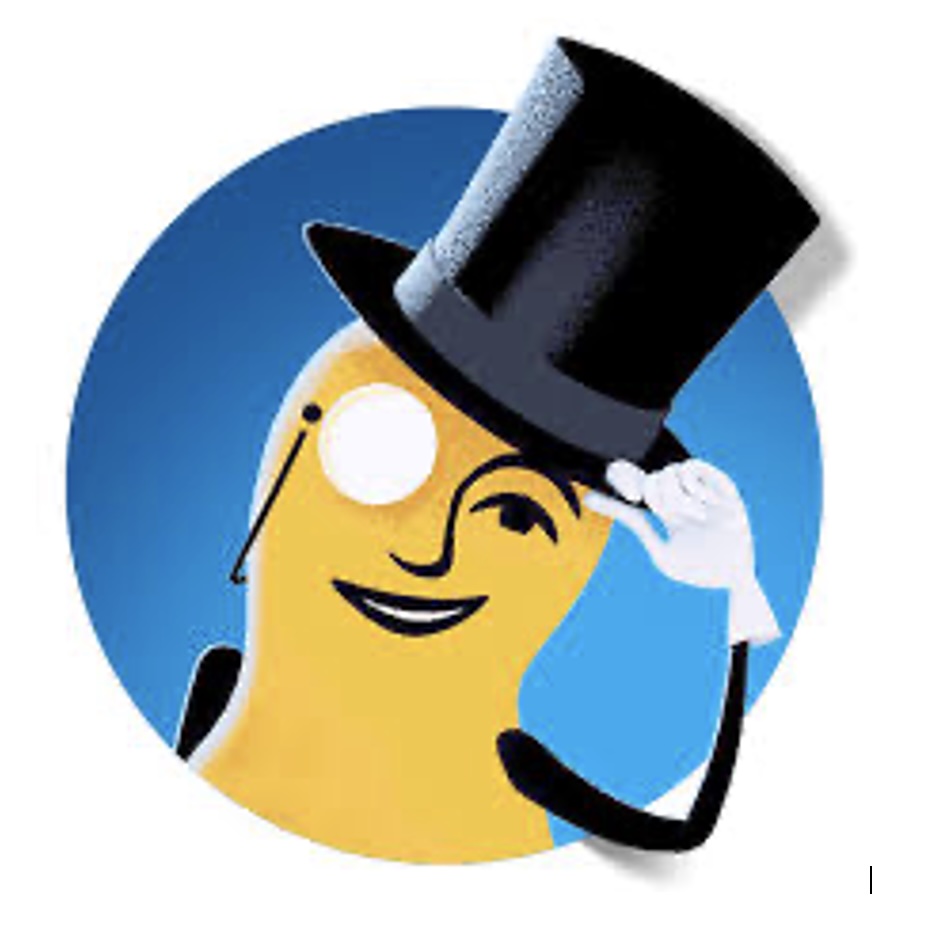 A cartoon peanut character wearing a top hat and a monocle