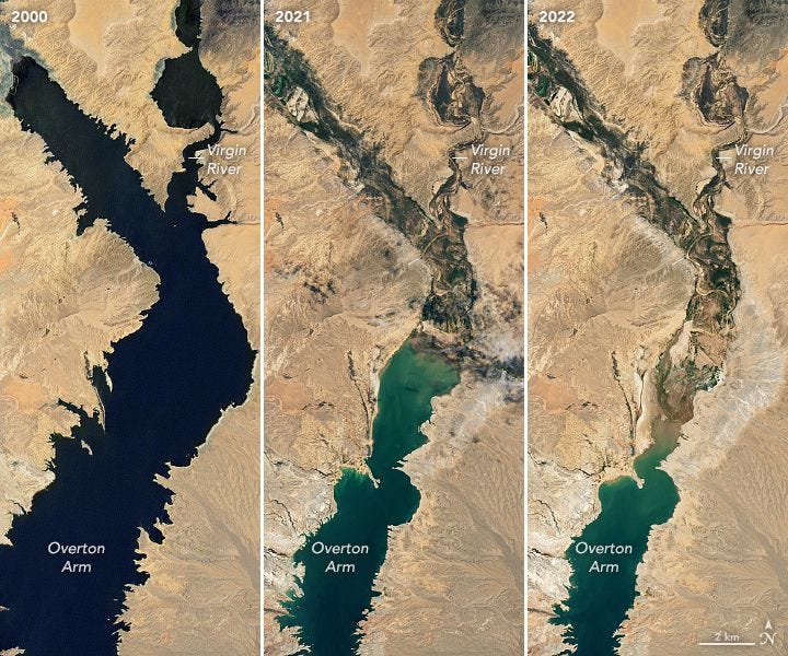 side by side satellite photos showing Lake Meade shrinking over time