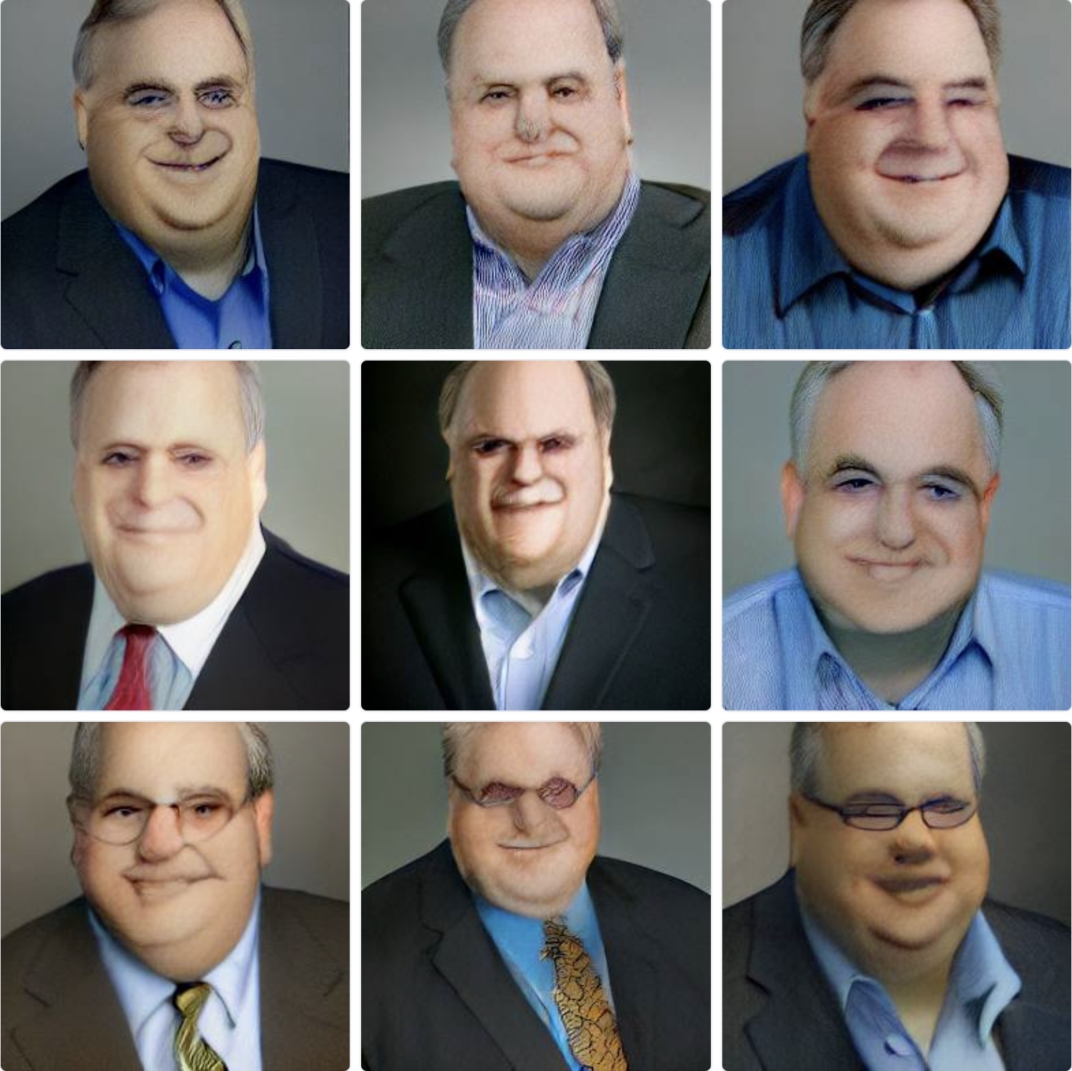 a nine panel set of images showing a face altered in different ways by AI